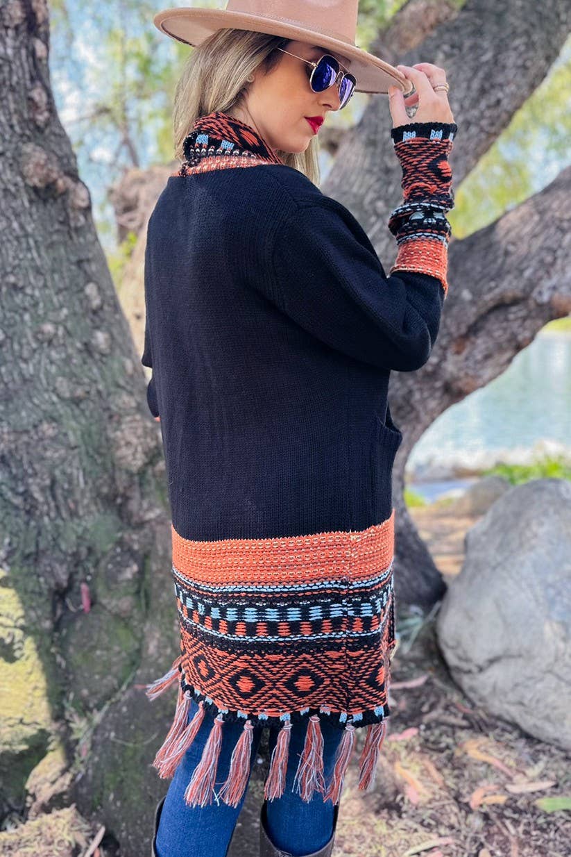 Black Aztec Printed Open Front Knitted Pockets Cardigan