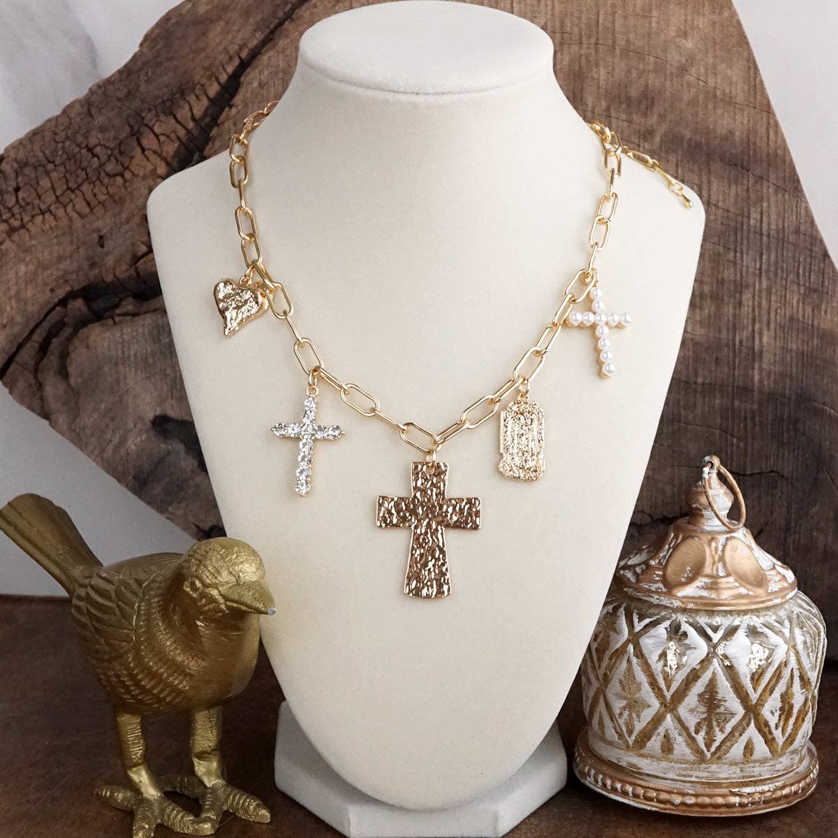 Faith & Heart – Multi Charm Necklace on Paperclip Chain