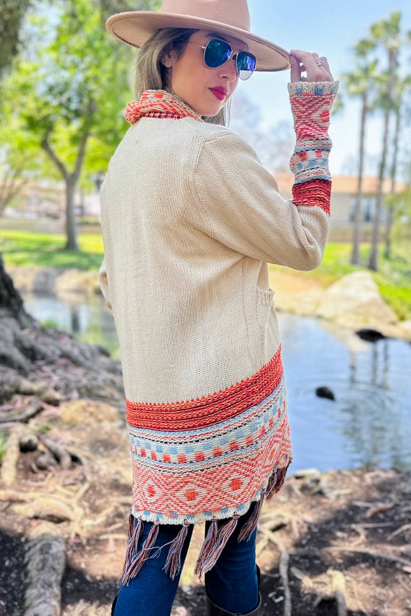 Beige Aztec Printed Open Front Knitted Pockets Cardigan