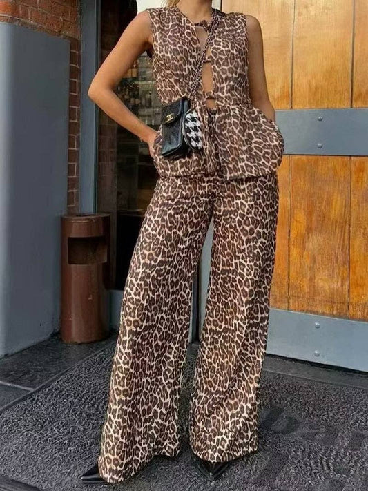 Leopard Print Vest and Wide-Leg Pant Set