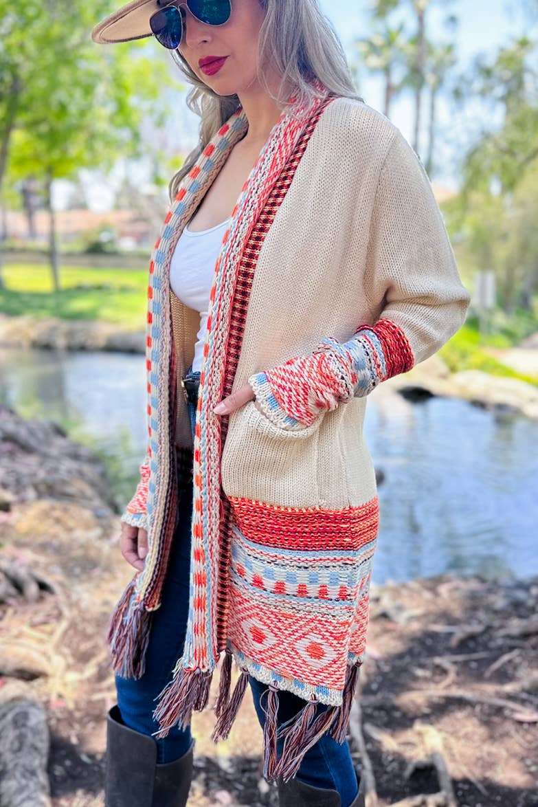 Beige Aztec Printed Open Front Knitted Pockets Cardigan