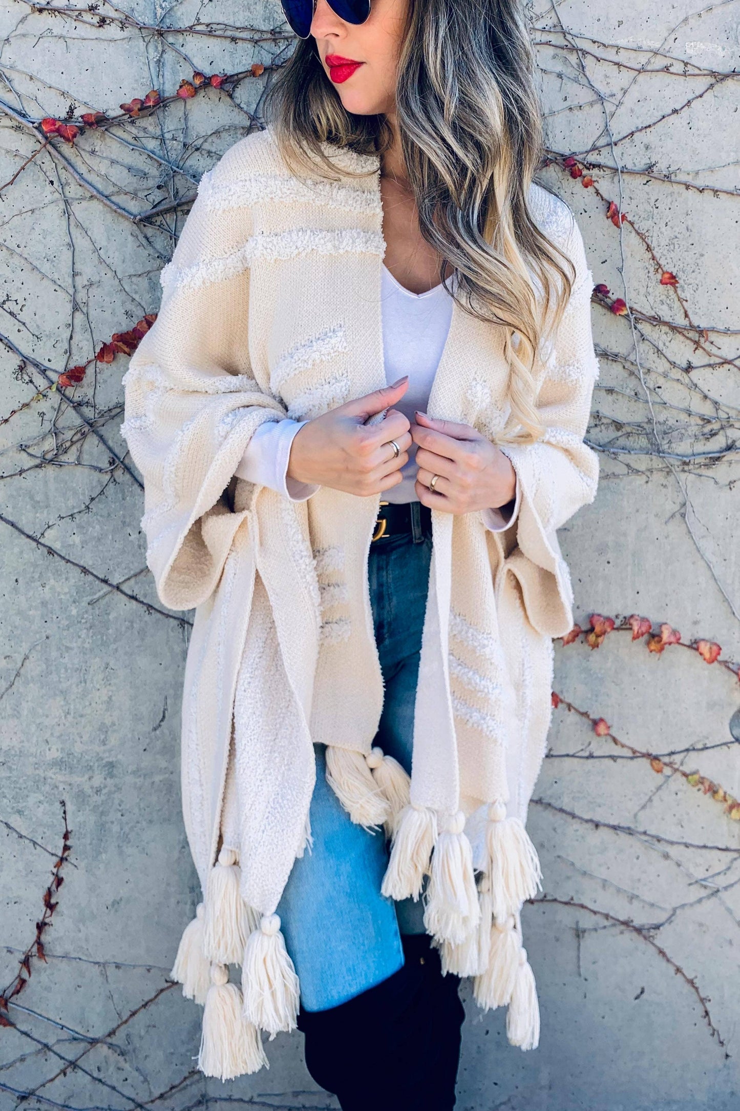 Cream Western Textured Pattern With Chunky Tassel Cardigan