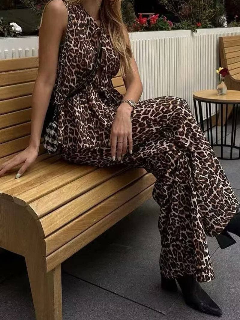 Leopard Print Vest and Wide-Leg Pant Set