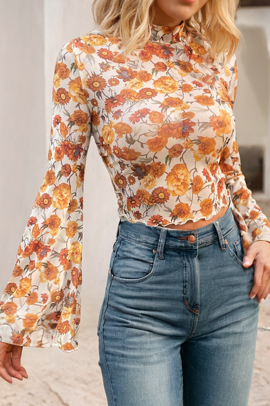 Floral Printed Bell Sleeve Mock Neck Scallop Trim Blouse