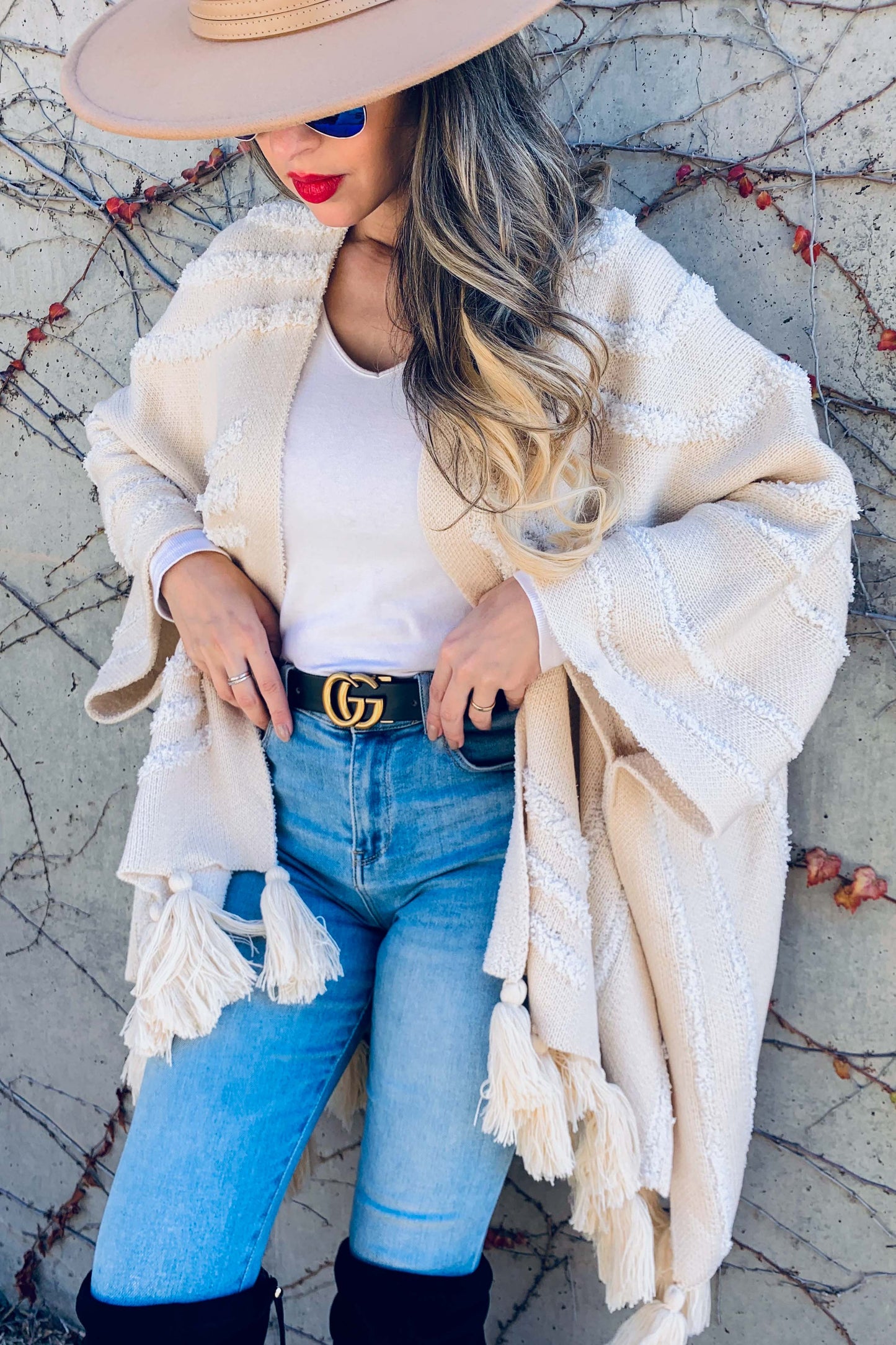 Cream Western Textured Pattern With Chunky Tassel Cardigan