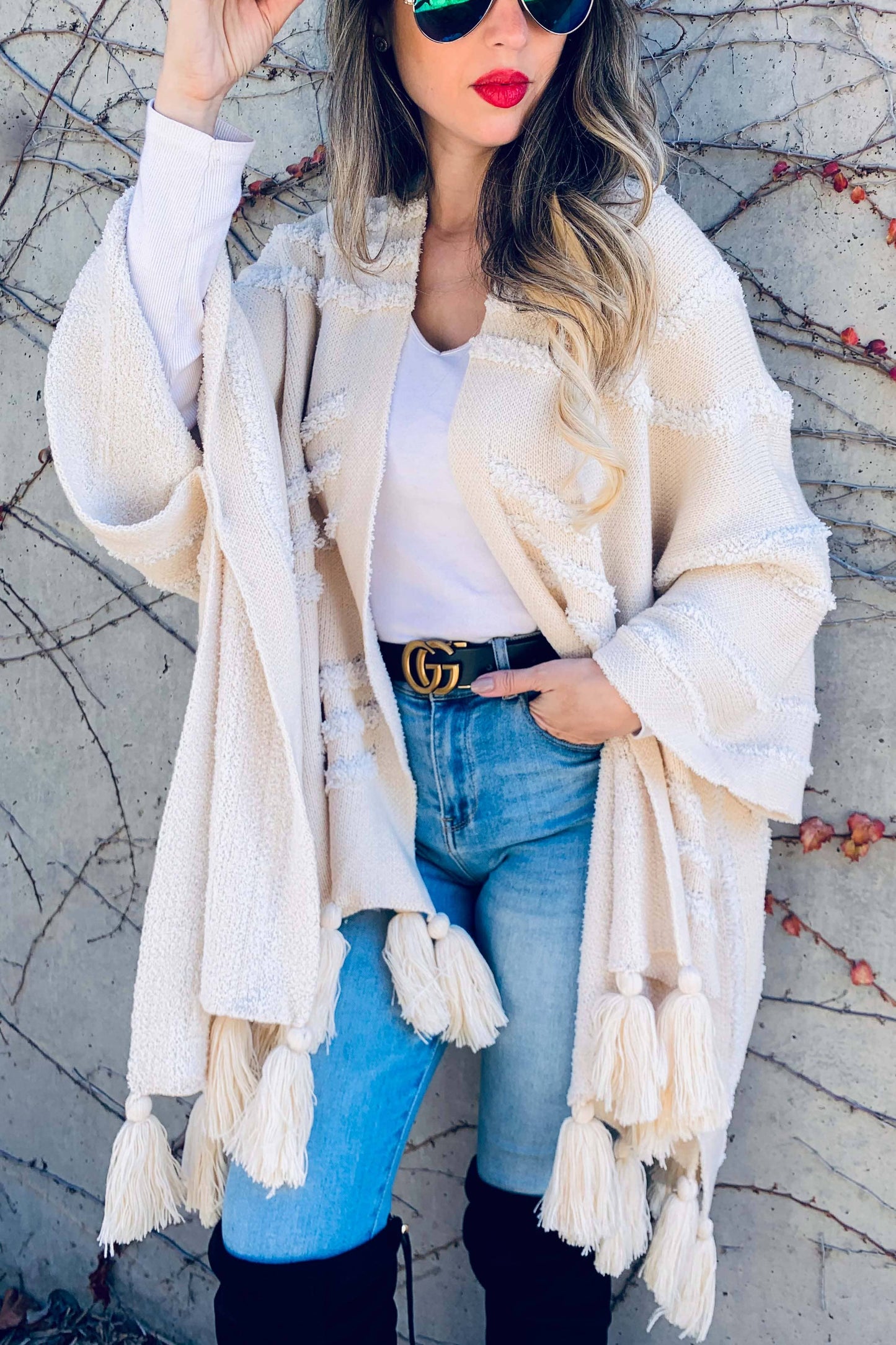 Cream Western Textured Pattern With Chunky Tassel Cardigan