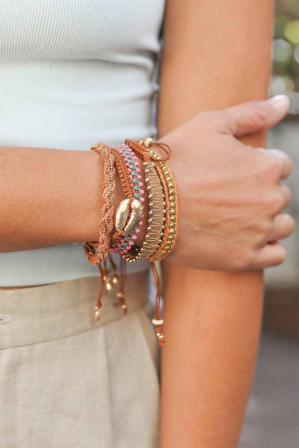 Ethnic Beaded & Woven Cord Bracelets - Layered Style