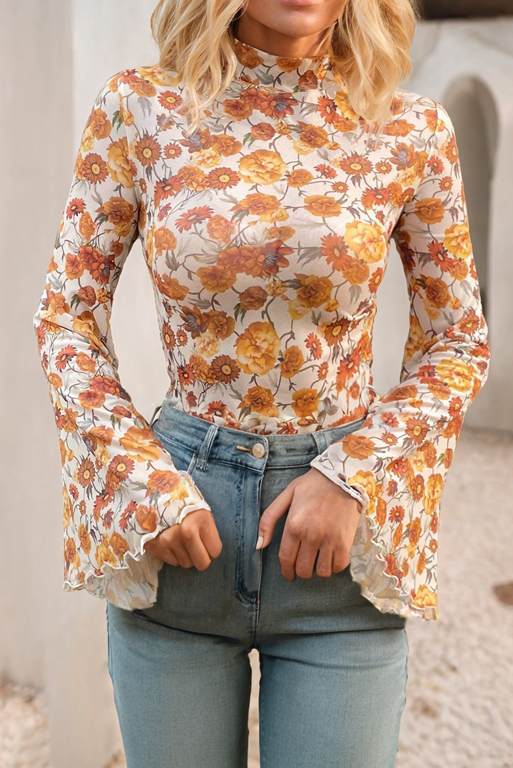 Floral Printed Bell Sleeve Mock Neck Scallop Trim Blouse