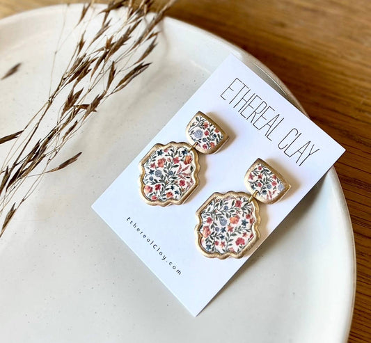 Vintage Floral Clay Earrings, Gold Painted Lined Floral 