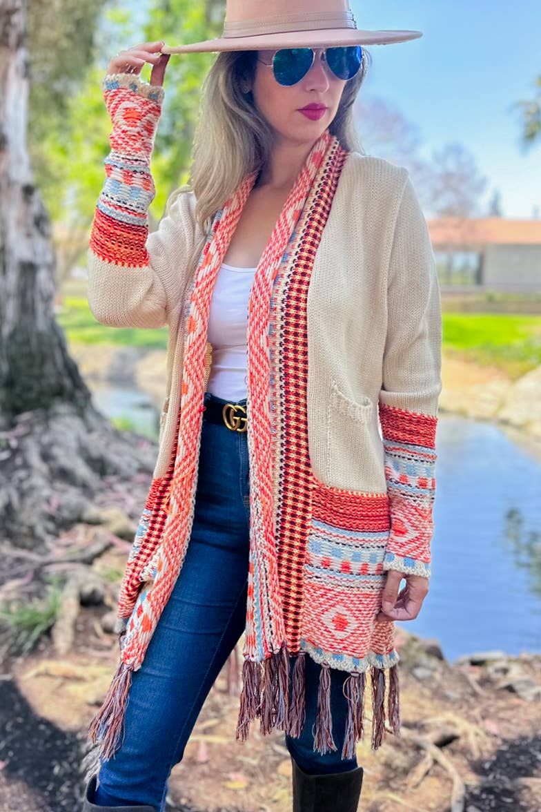 Beige Aztec Printed Open Front Knitted Pockets Cardigan