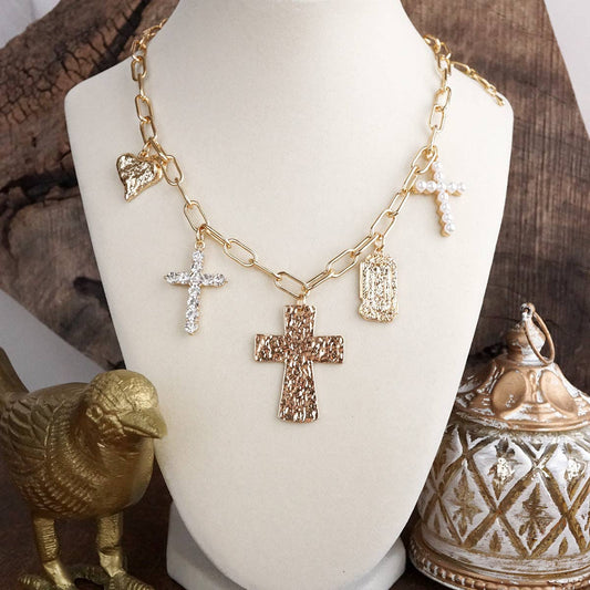 Faith & Heart – Multi Charm Necklace on Paperclip Chain