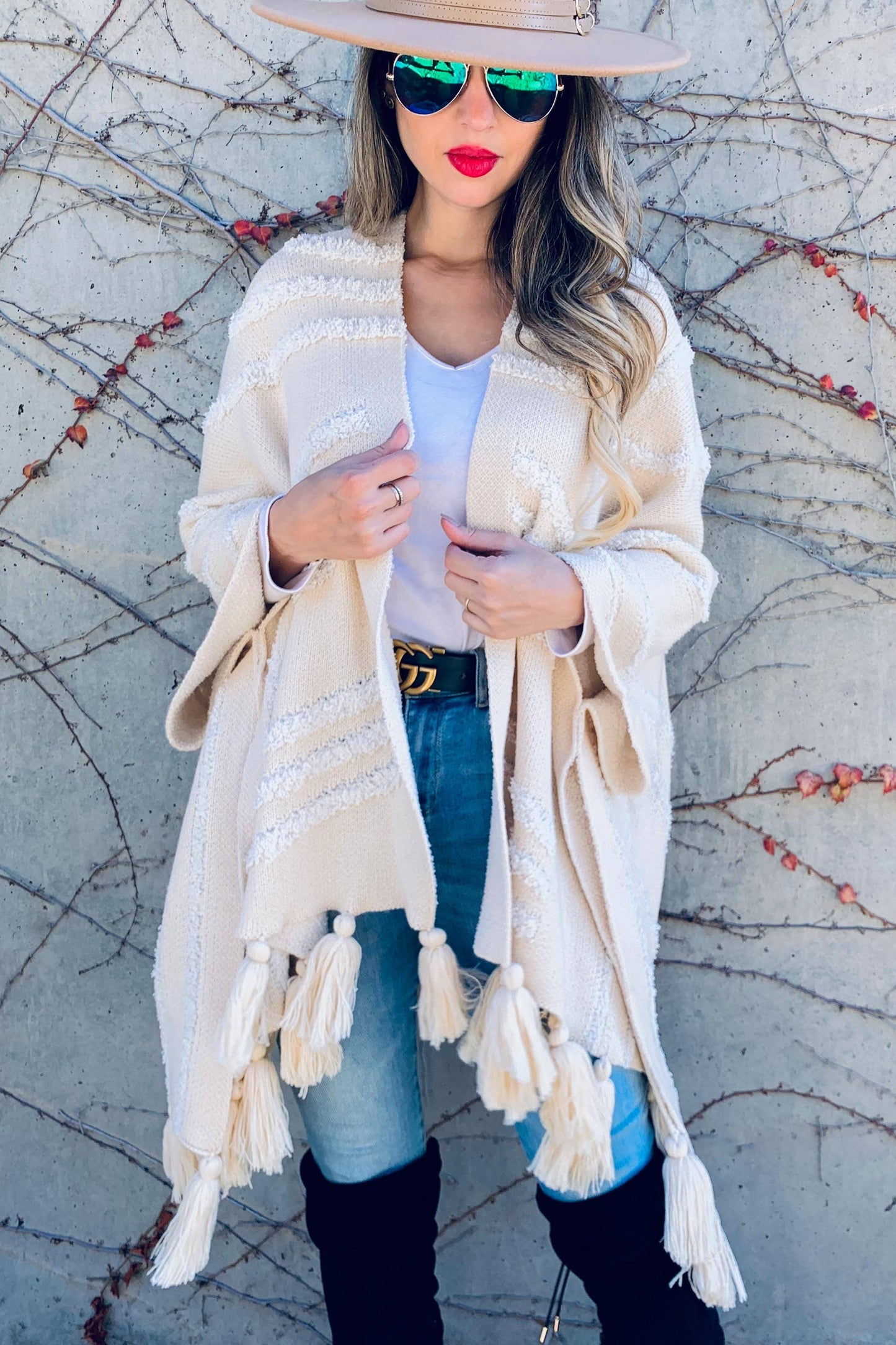 Cream Western Textured Pattern With Chunky Tassel Cardigan