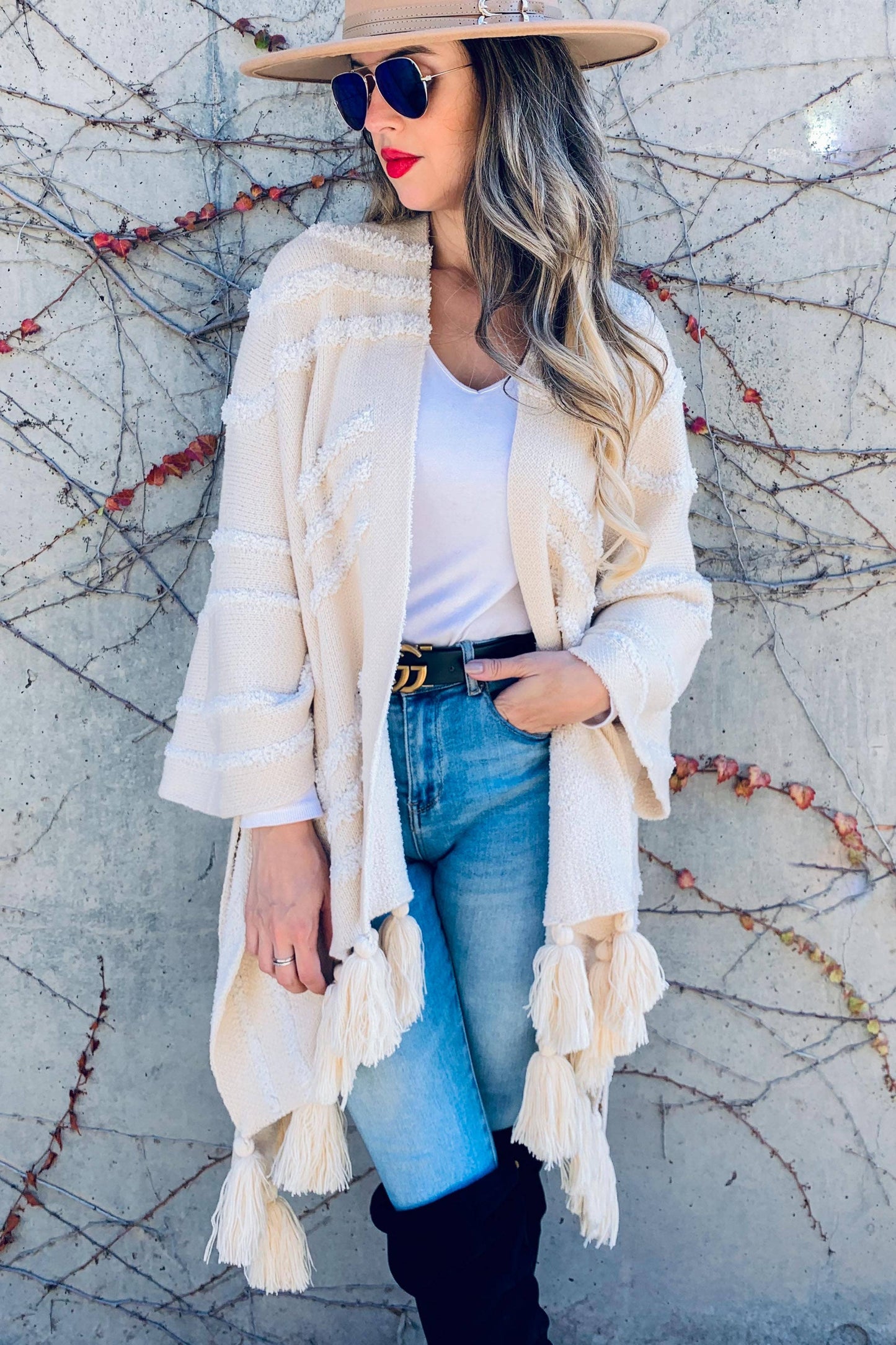 Cream Western Textured Pattern With Chunky Tassel Cardigan