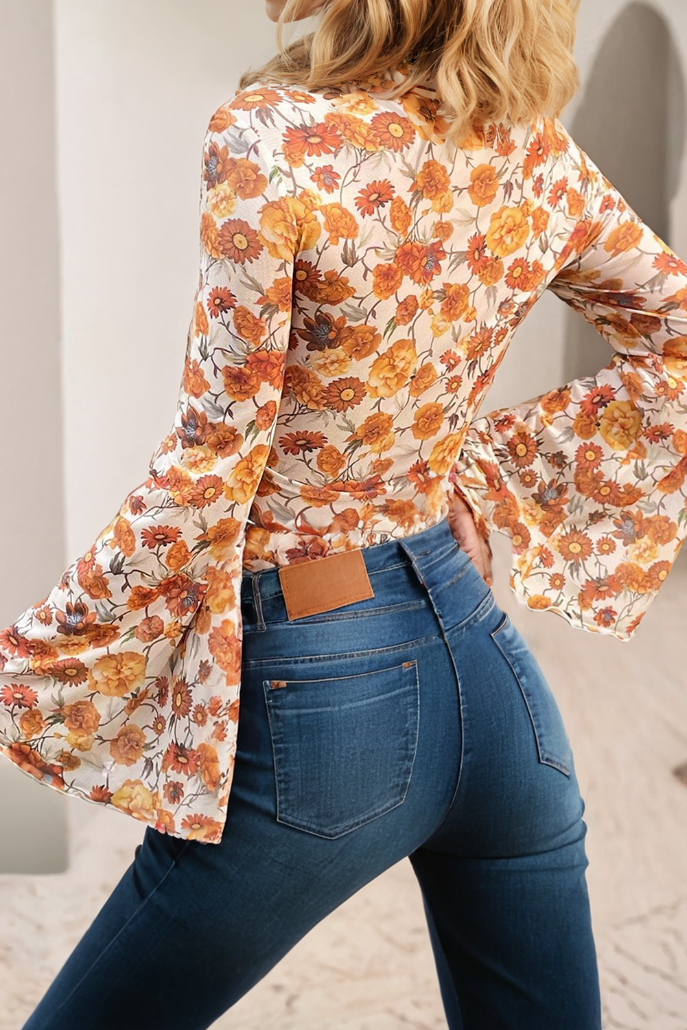 Floral Printed Bell Sleeve Mock Neck Scallop Trim Blouse