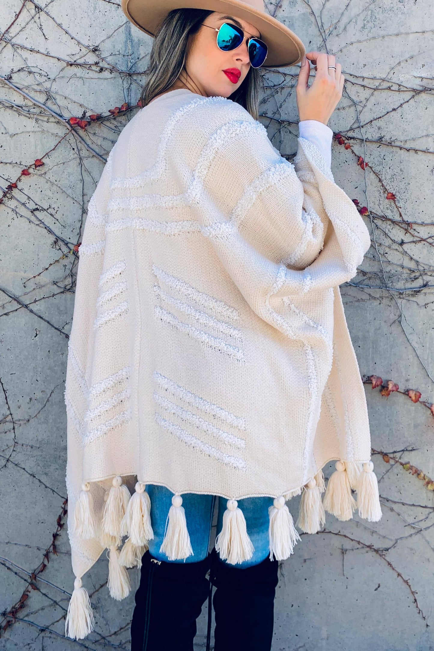 Cream Western Textured Pattern With Chunky Tassel Cardigan